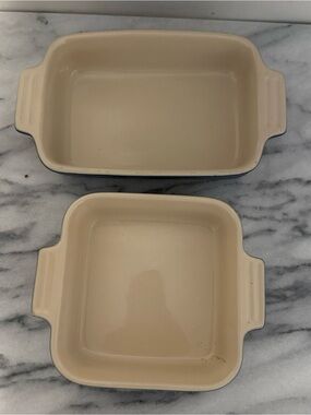 Le Creuset Cream Ceramic Baking Dishes with Blue Rim - Set of 2